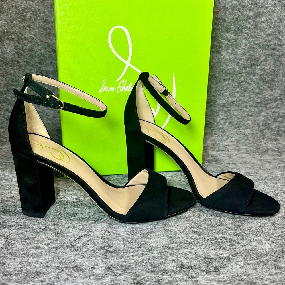 Sam Edelman Robyn Suede Sandals Women 8 Black Suede Block Heel Ankle Strap Chic